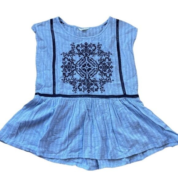 Caslon Top Sleeveless Blue Cotton Cross Stitch Keyhole Peep Holes Size XS Petite - Picture 1 of 9
